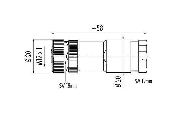 Scale drawing M12 Female cable duo connector, Contacts: 5, 2.1-3.0 mm (2 cable) or 4-5 mm (2 cable), unshielded, screw clamp, IP67, UL 2238