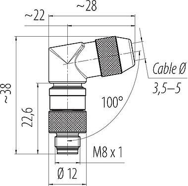 Scale drawing M8 Male angled connector, Contacts: 3, 3.5-5.0 mm, shieldable, solder, IP67, UL 2238