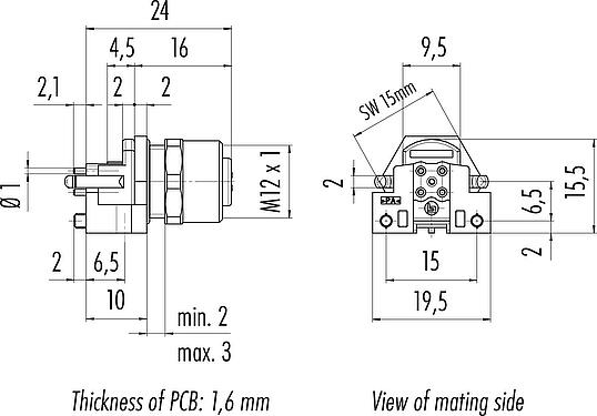 Dibujo a escala M12 Toma de brida, Número de contactos: 5, sin blindaje, THR, IP68, UL 2238, M12x1,0, Montaje frontal, para montaje de PCB