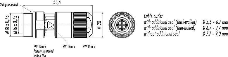 Scale drawing M16 Female cable connector, Contacts: 8, 5.5-9.0 mm, shieldable, IDC, IP67