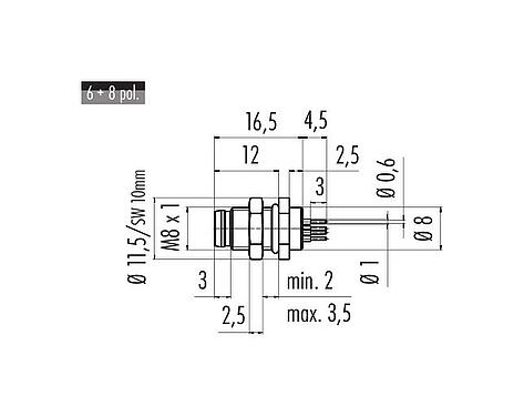 Dessin coté M8 Embase mâle, Contacts: 6, non blindé, THT, IP67, UL 2238, M8x1,0, Montage mural arrière, coulé