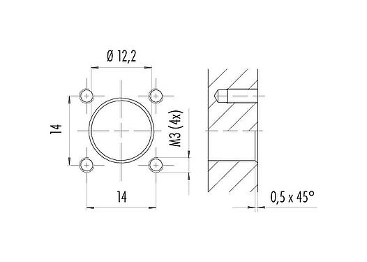 Instructions de montage / Découpe du panneau M12 Embase mâle, carré, Contacts: 8, non blindé, fils, IP40, UL 2238, M3 (4x), Montage frontal, coulé