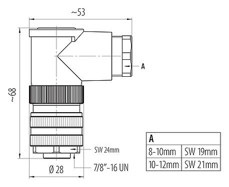 Dibujo a escala 7/8" Conector hembra en ángulo, Número de contactos: 3+PE, 8,0-10,0 mm, sin blindaje, tornillo extraíble, IP67, UL 2238, VDE