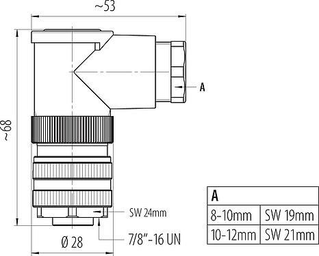 Dibujo a escala 7/8" Conector hembra en ángulo, Número de contactos: 2+PE, 8,0-10,0 mm, sin blindaje, tornillo extraíble, IP67, UL 2238, VDE