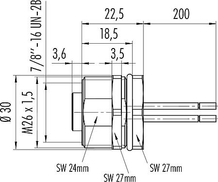Dibujo a escala 7/8" Toma de brida, Número de contactos: 2+PE, sin blindaje, hilos, IP68, UL 2238, VDE, Montaje frontal, moldeado