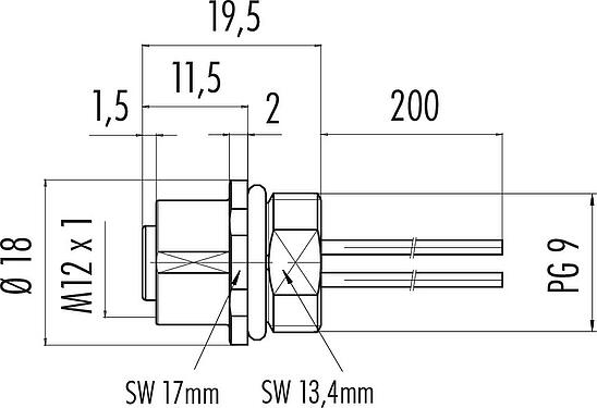 Dibujo a escala M12 Toma de brida, Número de contactos: 5, sin blindaje, hilos, IP67, UL 2238, VDE, PG 9, Montaje frontal, para la fuente de alimentación (potencia), moldeado