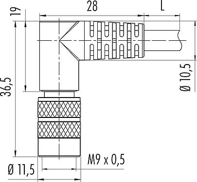 Scale drawing M9 Male angled connector, Contacts: 2, shielded, moulded on the cable, IP67, PUR, black, 5 x 0.25 mm², 2 m