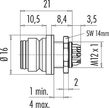 Scale drawing Snap-In Female panel mount connector, Contacts: 3, unshielded, solder, IP67, UL 2238, VDE, M12x1.0, Front mounting