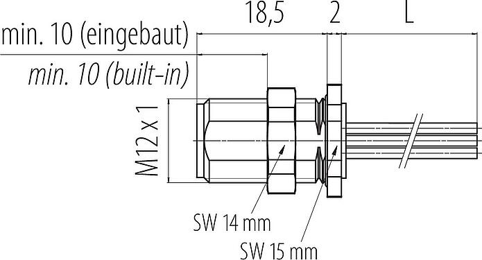 Scale drawing M12 Male panel mount connector, Contacts: 4, unshielded, single wires, IP68, UL 2238, M12x1.0, Rear mounting