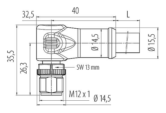 Dibujo a escala M12 Conector macho en ángulo, Número de contactos: 4, sin blindaje, moldeado en el cable, IP68, UL, PUR, negro, 4 x 1,50 mm², 2 m