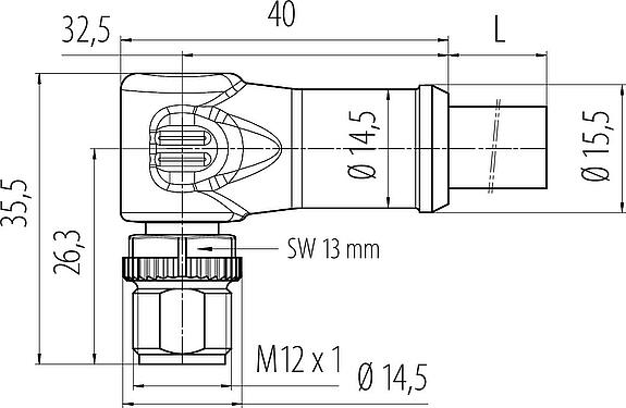 Dibujo a escala M12 Conector macho en ángulo, Número de contactos: 4, sin blindaje, moldeado en el cable, IP68, UL, PUR, negro, 4 x 1,50 mm², 2 m