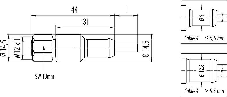Dibujo a escala M12 Conector de cable hembra, Número de contactos: 5, sin blindaje, moldeado en el cable, IP67/IP69K, UL 2238, Ecolab, PVC, gris, 5 x 0,34 mm², Acero inoxidable, 5 m