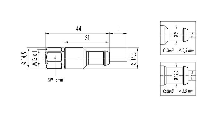 Scale drawing M12 Female cable connector, Contacts: 8, unshielded, moulded on the cable, IP67/IP69K, UL 2238, Ecolab, PVC, grey, 8 x 0.25 mm², stainless steel, 2 m