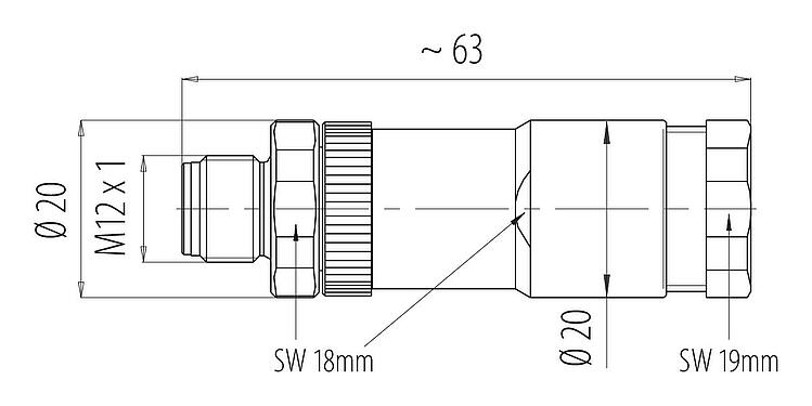 Scale drawing M12 Male cable duo connector, Contacts: 4, 2.1-3.0 mm (2 cable) or 4-5 mm (2 cable), unshielded, screw clamp, IP67, UL 2238