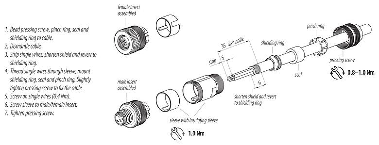 Assembly instructions M12 Female cable connector, Contacts: 4, 6.0-8.0 mm, shieldable, screw clamp, IP67, UL 2238, with shielding ring