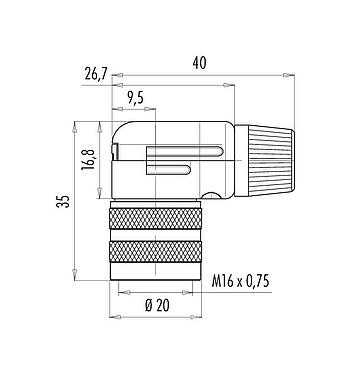 Scale drawing M16 Female angled connector, Contacts: 2 (02-a), 4.0-6.0 mm, shieldable, solder, IP40