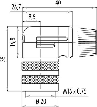 Scale drawing M16 Female angled connector, Contacts: 4 (04-a), 6.0-8.0 mm, shieldable, solder, IP40