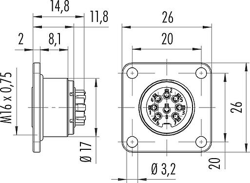 Scale drawing M16 Square female panel mount connector, Contacts: 4 (04-a), unshielded, crimping (Crimp contacts must be ordered separately), IP67, UL 2238, M3 (4x), Front mounting