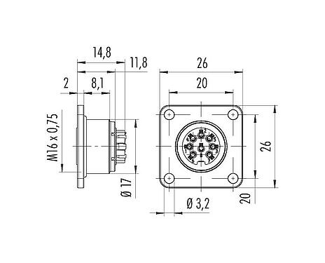 Scale drawing M16 Square female panel mount connector, Contacts: 7 (07-a), unshielded, crimping (Crimp contacts must be ordered separately), IP67, UL 2238, M3 (4x), Front mounting