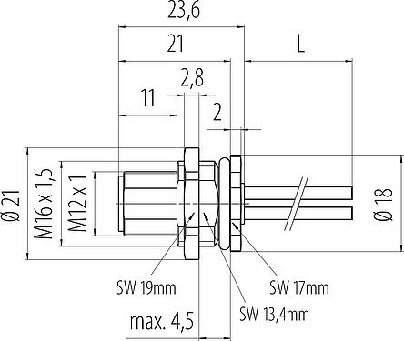 Dibujo a escala M12 Enchufe de brida, Número de contactos: 4, sin blindaje, hilos, IP68, UL 2238, M16x1,5, Montaje en pared