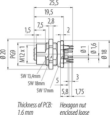 Dibujo a escala M12 Toma de brida, Número de contactos: 4, blindable, THT, IP67, UL 2238, PG 9, Montaje en pared, moldeado