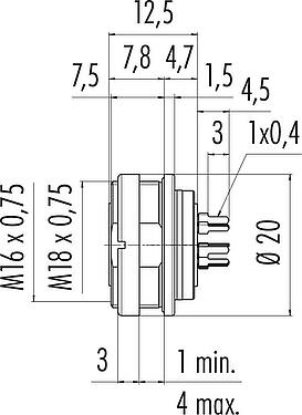 Scale drawing M16 Female panel mount connector, Contacts: 8 (08-a), unshielded, THT, IP68, UL 2238, AISG compliant, M18x0,75, Rear mounting