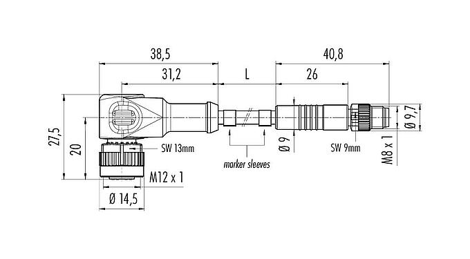 Scale drawing M12/M8 Male cable connector - female angled connector, Contacts: 4, unshielded, moulded on the cable, IP67/IP69K, UL 2238, PVC, grey, 4 x 0.34 mm², 2 m