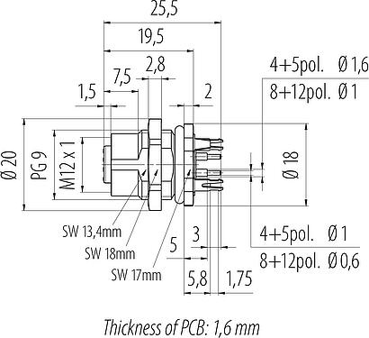 Scale drawing M12 Female panel mount connector, Contacts: 5, shieldable, THT, IP68, UL 2238, PG 9, Rear mounting, potted