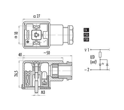 Dessin coté Embase femelle pour appareils, Contacts: 2+PE, 8,0-10,0 mm, non blindé, pince à visser, IP40 sans joint, PG 11, Circuit P30, avec LED, PNP