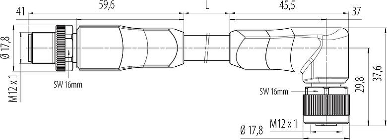 Dessin coté M12 Connecteur mâle - connecteur d‘angle femelle, Contacts: 4+FE, non blindé, surmoulé sur le câble, IP68, UL 2238, M12x1,0, TC-ER, TPE, jaune, 5 x 1,50 mm², 1 m