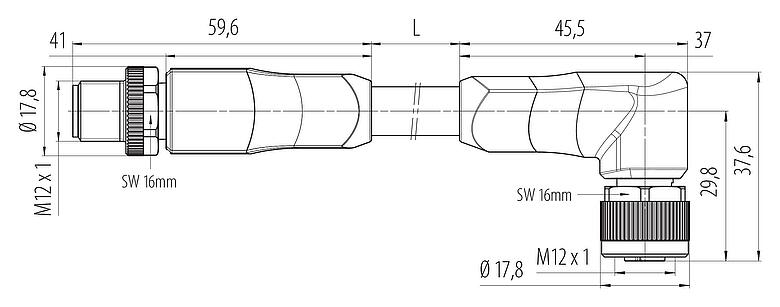 Dibujo a escala M12 Conector de cable macho - conector hembra en ángulo, Número de contactos: 4+FE, sin blindaje, moldeado en el cable, IP68, UL 2238, M12x1,0, TC-ER, TPE, amarillo, 5 x 1,50 mm², 1 m