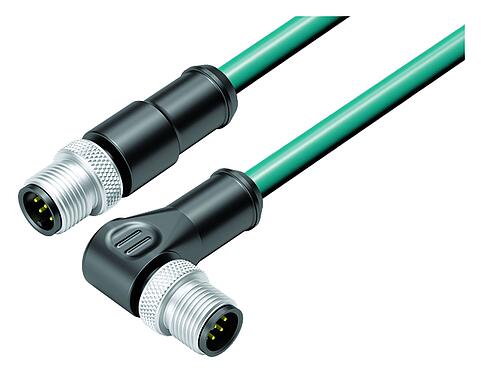 Illustration M12 Connecting cable male cable connector - male angled connector, Contacts: 8, shielded, moulded on the cable, IP67, Ethernet CAT5e, TPE, teal, 4 x 2 x AWG 24, 2 m