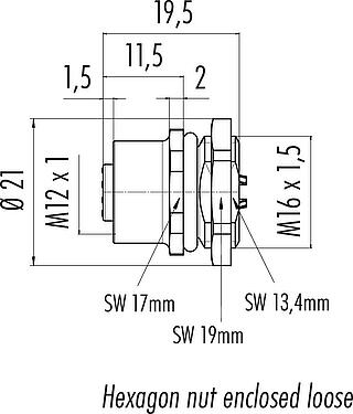 Dessin coté M12 Embase femelle, Contacts: 5, non blindé, souder, IP67, UL 2238, M16x1,5, Montage frontal