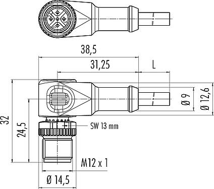Dibujo a escala M12 Conector macho en ángulo, Número de contactos: 3, sin blindaje, moldeado en el cable, IP68/IP69K, UL 2238, PUR, negro, 3 x 0,34 mm², 2 m