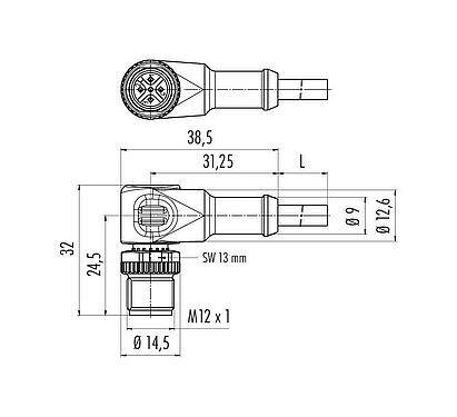 Scale drawing M12 Male angled connector, Contacts: 3, unshielded, moulded on the cable, IP68/IP69K, UL 2238, PUR, black, 3 x 0.34 mm², 10 m