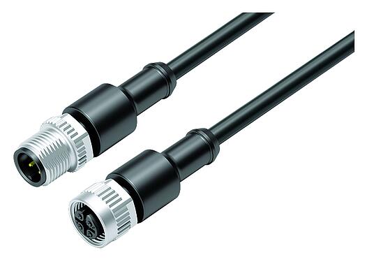 Illustration M12 Connecting cable male cable connector - female cable connector, Contacts: 4, unshielded, moulded on the cable, IP67/IP69K, UL 2238, PLTC, TPE, black, 4 x AWG 22, 2 m