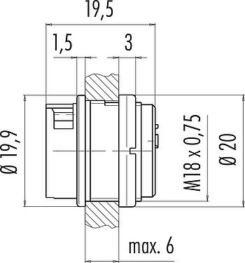 Scale drawing Bayonet Female panel mount connector, Contacts: 19, unshielded, solder, IP40, M18x0,75, Rear mounting