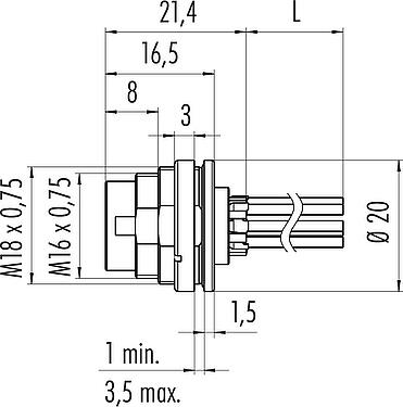 Dessin coté M16 Embase mâle, Contacts: 4 (04-a), non blindé, fils, IP67, UL 2238, M18x0,75, Montage mural arrière