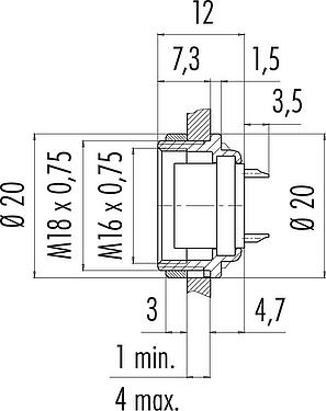 Scale drawing M16 Female panel mount connector, Contacts: 24, unshielded, solder, IP40, M18x0,75, Rear mounting