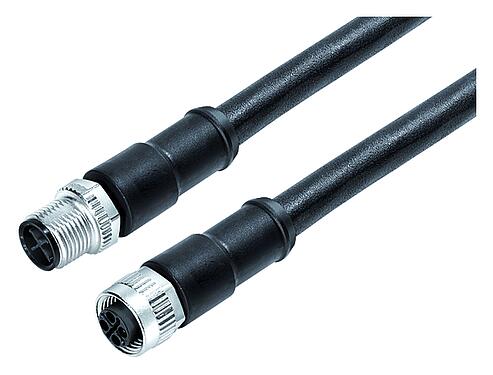 Ilustración M12 Cable de conexión conector de cable macho - conector de cable hembra, Número de contactos: 2+PE, sin blindaje, moldeado en el cable, IP68, UL 2238, PUR, negro, 3 x 1,50 mm², 2 m