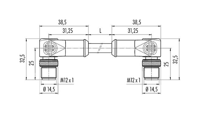 Dibujo a escala M12 cable de conexión 2 conector macho en ángulo, Número de contactos: 4, blindado, moldeado en el cable, IP67, UL, Ethernet CAT5e, TPE, azul/verde, 2 x 2 x AWG 24, 0,3 m