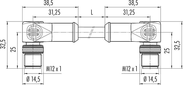 Dibujo a escala M12 cable de conexión 2 conector macho en ángulo, Número de contactos: 4, blindado, moldeado en el cable, IP67, UL, Ethernet CAT5e, TPE, azul/verde, 2 x 2 x AWG 24, 2 m