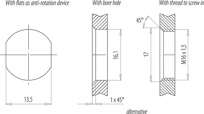 Muestra de montaje M12 Enchufe de brida, Número de contactos: 4+PE, sin blindaje, hilos, IP68, M16x1,5, Montaje frontal, UL 2237 en preparación, moldeado