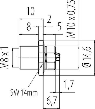 Dibujo a escala M8 Toma de brida, Número de contactos: 3, soldadura, IP67/IP69K, M10x0,75, Montaje frontal, con copas de soldadura