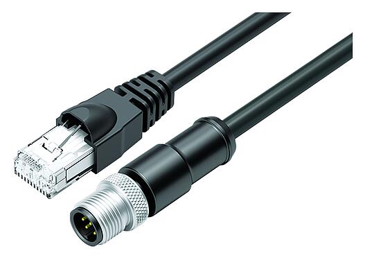 Illustration M12/RJ45 Connecting cable male cable connector - RJ45 connector, Contacts: 8, shielded, molded/crimp, IP67, Ethernet CAT5e, TPE, black, 4 x 2 x AWG 24, 0.3 m