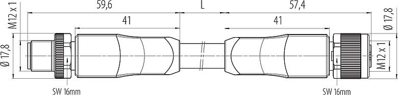 Dibujo a escala M12 Conector de cable macho - conector de cable hembra, Número de contactos: 4+PE, sin blindaje, moldeado en el cable, IP68, UL 2238, PUR, negro, 5 x 2,50 mm², UL en preparación, 2 m