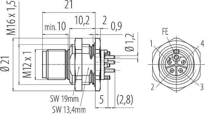 Dibujo a escala M12 Enchufe de brida, Número de contactos: 4+FE, sin blindaje, THR, IP67, UL 2238, M16x1,5, Montaje en pared