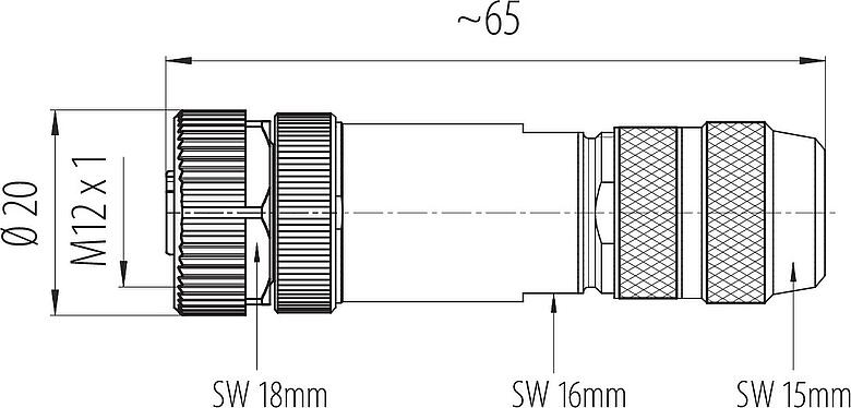 Dessin coté M12 Connecteur femelle, Contacts: 4, 8,0-9,0 mm, blindable, pince à visser, IP67, UL 2238, ressort à iris