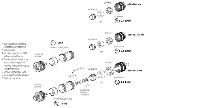 Assembly instructions M12 Male cable connector, Contacts: 5, 6.0-8.0 mm, shieldable, screw clamp, IP67, UL 2238