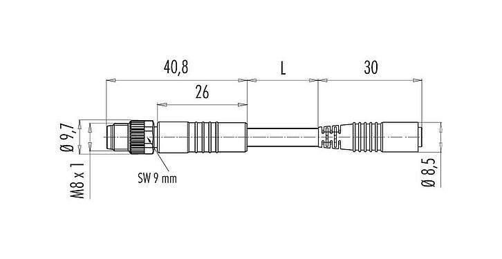 Dessin coté M8 Connecteur mâle - connecteur femelle, Contacts: 3, non blindé, surmoulé sur le câble, IP65, PUR, noir, 3 x 0,25 mm², 1 m